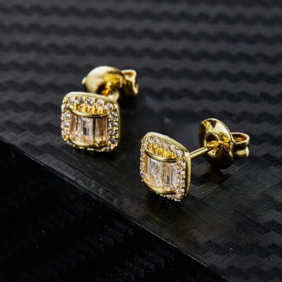 18K Gold Mens 2ct Diamond Square Stud Earrings Guys 18 Karat 2 ct Silver Studs - Picture 5 of 8